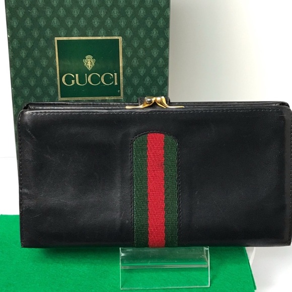 EUC Gucci Black Leather Sherry line twist lock long wallet with box - Picture 3 of 9
